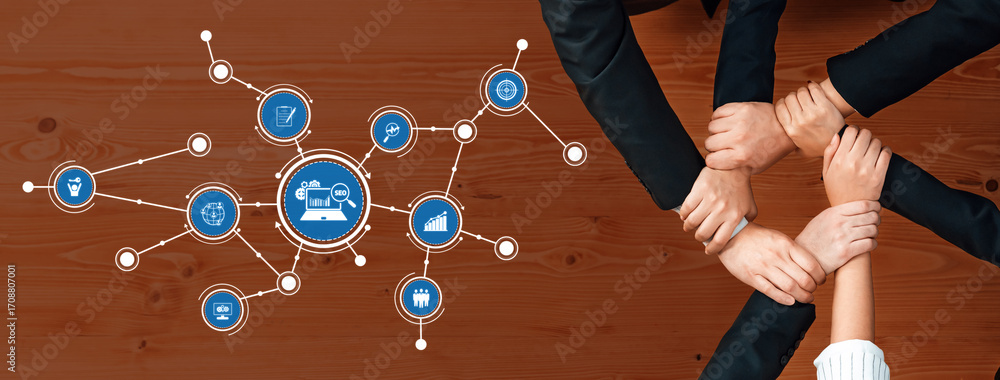Poster visual representation of collaboration in business with multiple icons showcasing strategy and seo c