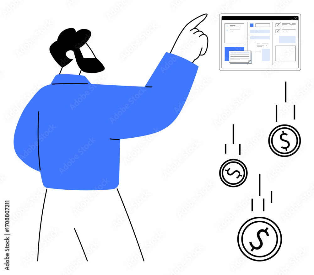Aufkleber man pointing at a webpage interface with falling dollar coins representing online income. ideal for 