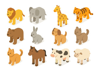 Obraz premium Cute isometric animal set: lion, elephant, giraffe, tiger, dog, cat, and more