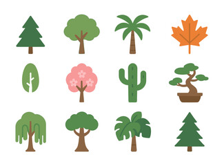 Fototapeta premium Diverse tree icons set featuring various species in flat design
