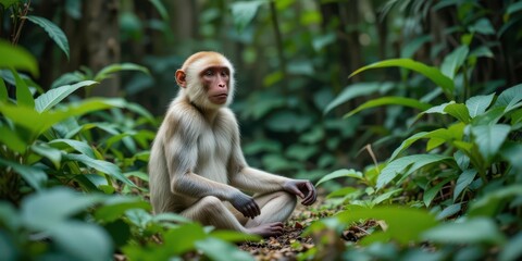 Fototapeta premium Serene Monkey Portrait A White and Tan Monkey Meditating in a Tranquil Jungle Setting.