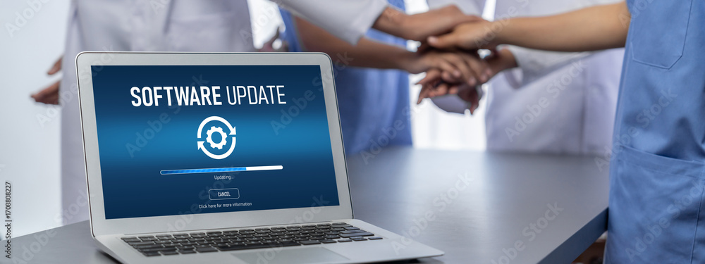 Poster software update on computer for brisk version of device software upgrade