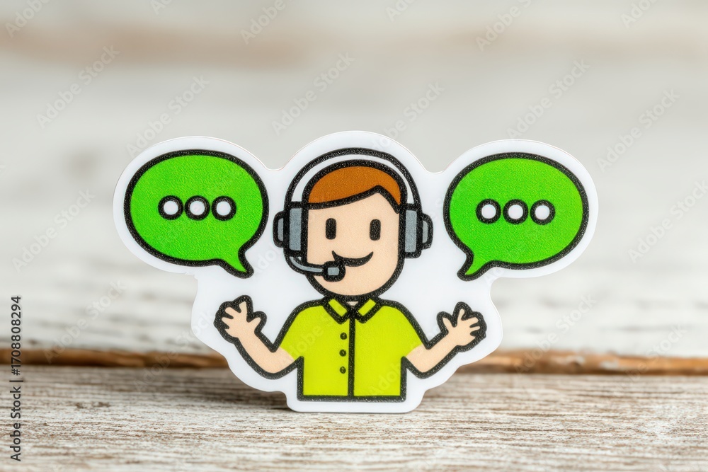 Poster engaging customer support representative with headset conveying message through chat bubbles depicti