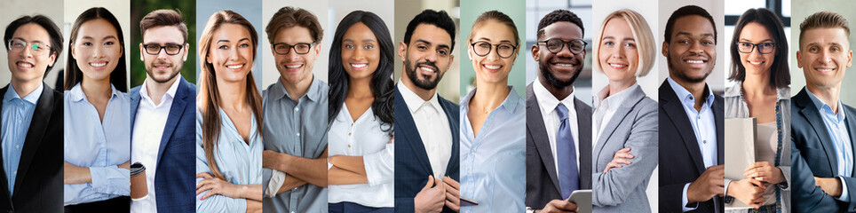 A diverse group of business professionals stands together in a modern office environment. They are smiling and dressed in professional attire, showcasing teamwork and unity among various backgrounds.