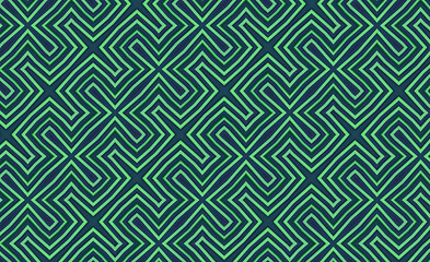 Geometric Pattern of Interlocking Green Lines on Dark Blue Background