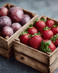 Two wooden crates filled with strawberries and plums