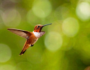 A hummingbird in flight against a bokeh background