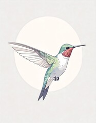 A hummingbird in flight against a light background