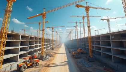 Noisy construction site with numerous cranes, ongoing building activity. Yellow cranes tower over concrete structures under clear blue sky, symbolizing progress, development in urban infrastructure.