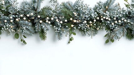 Overhead shot of snowy fir garland with fairy lights isolated on white background, festive and elegant
