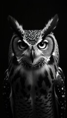 Intense black, white close-up portrait of owl staring directly. Focused gaze, sharp pupil, iris create captivating, enigmatic look. Detailed feathers, facial disc, beak highlight predator nature.