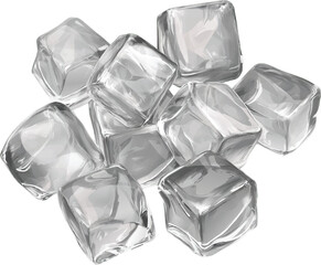Pile of Clear Ice Cubes on White Background Keywords: ice cubes, ice, frozen, cubes, clear, transparent, cold, refreshing, drink, beverage, water, ice cubes