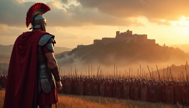 Roman legionaries stand in formation on grassy hill surveying fortified castle landscape at sunset. Soldiers in armor with helmets, spears face distant stronghold, embodying military might, ancient