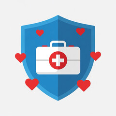 Obraz premium Flat design of first aid kit surrounded by shield and heart symbols
