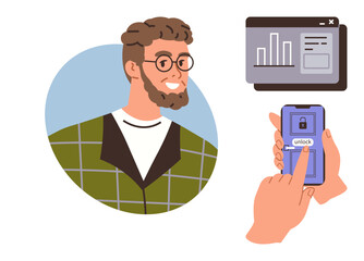 Bearded man smiling, interactive graph on dashboard, hand unlocking smartphone with fingerprint. Ideal for security, analytics, technology, user interface, biometrics, modern lifestyle data