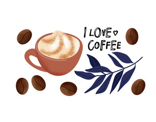 Coffee set. I love Coffee text with beverage cup and beans and leaves on white background. Vector hand drawn lettering. Banner, logo, coffee shop poster , restaurant, company, cafe. Breaking time