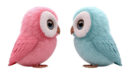 Cute blue and pink owls isolated on transparent background PNG created in Generative AI
