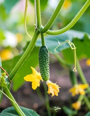 A vibrant cucumber hanging from a vine