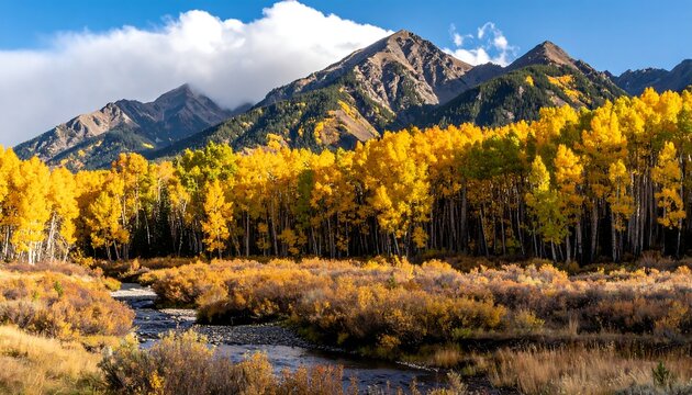 Golden aspen trees line a riverbank, set against a backdrop of majestic mountains under a vibrant autumn sky