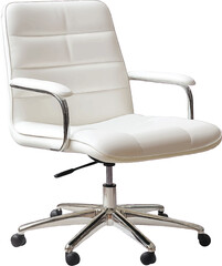 White Leather Office Chair with Chrome Base and Wheels on White Background Keywords: office chair, executive chair, desk chair, computer chair, swivel chair
