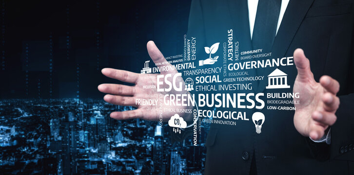 A business professional presents key concepts of ESG and green technology against a modern city backdrop, highlighting sustainable development and ethical investing. Tessel