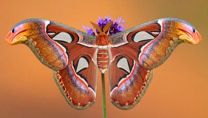 Stunning atlas moth displays intricate patterns and vibrant colors on a delicate purple flower