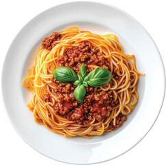 Spaghetti Bolognese with Basil Garnish on White Plate Isolated Keywords: spaghetti, bolognese, pasta, italian food, meat sauce, ground beef, tomato sauce