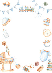 Baby boy Card Template with Toys, clothes and cradle. Baby Shower vertical frame, border. Hand drawn watercolor illustration in pastel colors. For newborn greeting cards, invitations, gender reveal