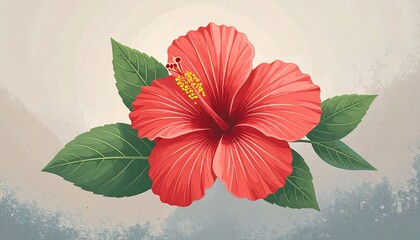 Vibrant Red Hibiscus Flower with Green Leaves on Textured Background
