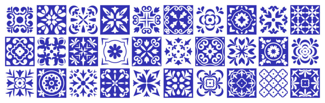 Geometric Azulejos tiles. Mediterranean Portuguese, Italian or Spanish retro old blue mosaic. Floral arabesque. Kitchen mosaic, decorations pattern. Vector isolated on white background