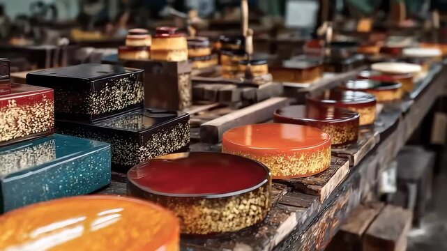 Close-up of the Coloring Process on a Traditional Lacquerware Production Line