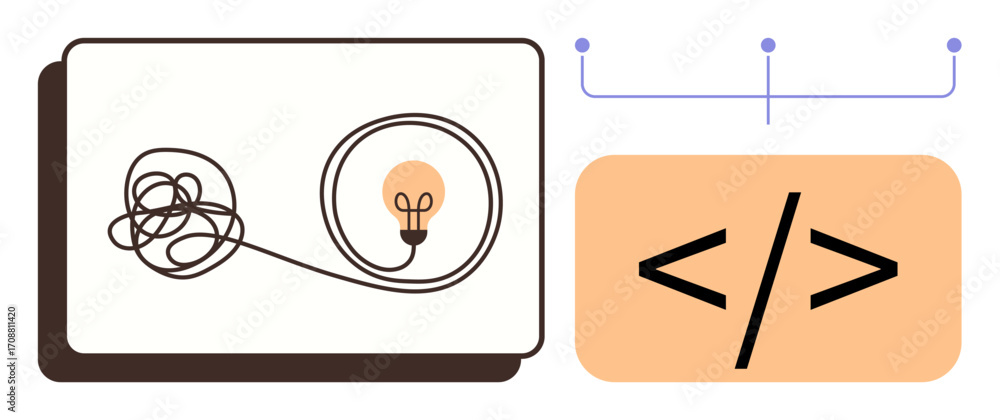 Poster tangled wire leading to lightbulb, coding symbol, and connection lines. ideal for innovation, coding