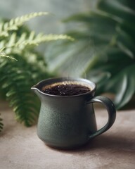 Mug of coffee is sitting on a table with a green plant in the background
