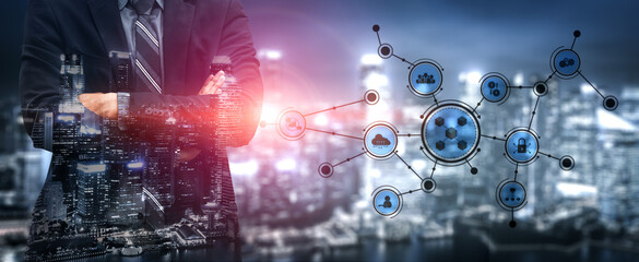 A professional business man stands before a city skyline, illustrating digital network connections with technology icons that symbolize modern communication and innovation. Tessel