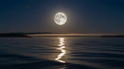 Full moon shining over tranquil water at night, illuminating sea with reflection. Full moon creates peaceful scene with fog and distant islands under dark sky. - Powered by Adobe