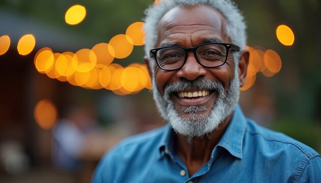 Smiling senior African American man with grey beard and glasses. Close-up portrait outdoors in backyard evening light, bokeh effect. Friendly, approachable, relaxed man enjoying retirement lifestyle.