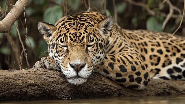 Magnificent wild jaguar close-up. The beautiful predator rests on a river log in the jungle, staring at the camera before calmly looking away. Footage of a Panthera onca.
