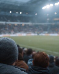 Man wearing a gray hat is sitting in a stadium full of people watching a soccer game