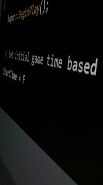 Closeup macro shot movement of coding script moving across LED screen with real-time AI-generated typing, showcasing advanced AI learning in optimization, debug and coding for software development.