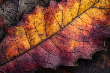 Macro Detail of Colorful Autumn Leaf with Red, Orange, and Yellow Hues