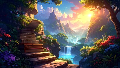 A vibrant fantasy landscape with a stone stairway leading to a serene valley
