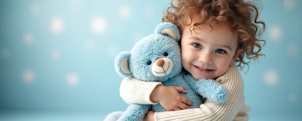 Fototapeta premium Young child with curly hair hugs blue stuffed teddy bear tightly. Gentle smile expresses joy, comfort, childhood innocence. Soft, cosy atmosphere with blurred lights in background. Copy space