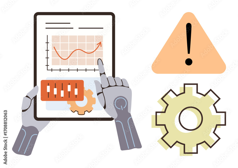 Poster robotic hands interact with a tablet displaying a graph and settings overlay. nearby, a warning sign