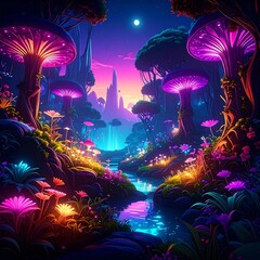 A vibrant, fantasy landscape filled with glowing mushrooms, flowers, and trees