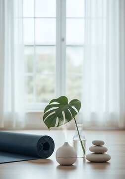 Tranquil home setup serene rolledup yoga mat, refreshing monstera leaf in a vase, essential oil diffuser, and carefully zen stones, relaxation and mindful practice sunlit interior pcos weight loss