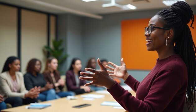 Black woman confidently leads marketing discussion with diverse team in modern office meeting. Focus on collaborative brainstorming, business strategy, pro communication within multicultural group - Powered by Adobe