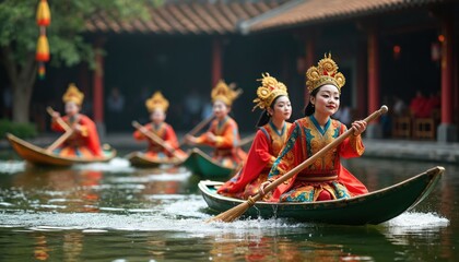 Naklejka premium Traditional Vietnamese water puppet performance. Performers in ornate costume glide across water in boats at open-air theater. Dragons on puppets add mythical element. Cultural art display from Asia.