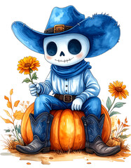 Halloween cowboy skeleton sits on pumpkin holding flower