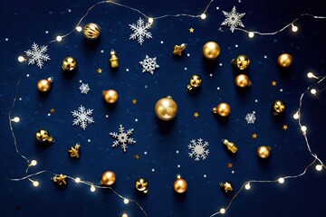 Christmas golden ornaments and snowflakes decorating navy blue background
