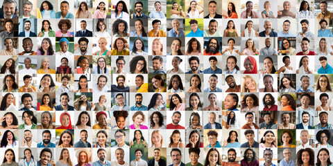 Fototapeta premium A vibrant collage featuring diverse faces of joyful individuals from various backgrounds. Each person smiles, capturing a sense of community and celebration of diversity.